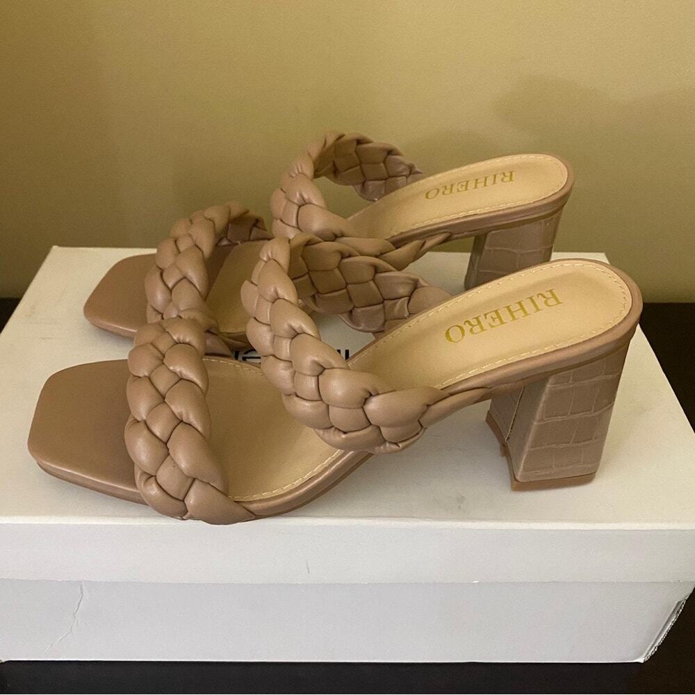 Rihero Women's Braided Heeled Sandals Strappy Square Toe‎ Slip On